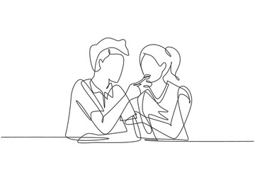 Single continuous line drawing romantic man feeds his wife. Happy young couple having dinner together at restaurant. Celebrate wedding anniversaries. One line draw graphic design vector illustration