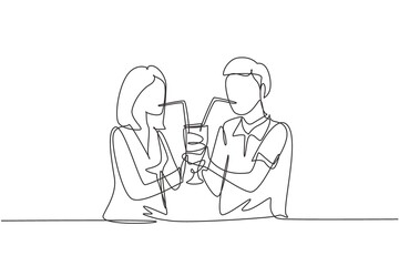 Single continuous line drawing young couple drinking using straws and big glasses together. Celebrate anniversaries and enjoy romantic dinner. Dynamic one line draw graphic design vector illustration