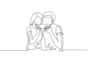 Continuous one line drawing young beautiful couple sharing watermelon. Celebrate wedding anniversaries and enjoy romantic lunch at restaurant. Single line draw design vector graphic illustration