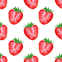 Watercolor hand drawn sketch red strawberry berry slice seamless pattern texture on white background