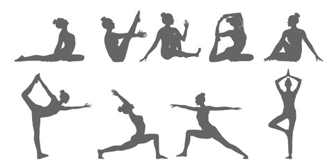 Set of black yoga pose icons, Yoga woman silhouette illustration. Yoga poses silhouette collection. Vector illustration.