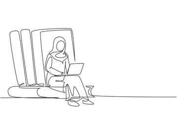 Single continuous line drawing Arabian woman studying with laptop and sit and lean on big books. Back to school, intelligent student, online education. One line draw graphic design vector illustration