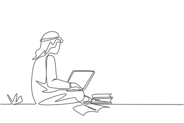 Continuous one line drawing Arabian male students studying with laptop, pile of books and sitting at the park. Back to school, online education. Single line draw design vector graphic illustration