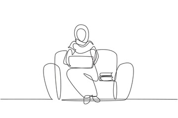 Continuous one line drawing young Arabian female with laptop sitting on sofa. Freelance, distance learning, online courses, and studying concept. Single line draw design vector graphic illustration
