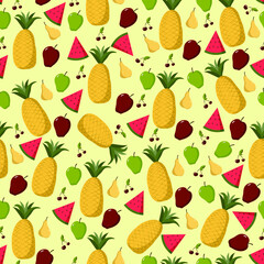 Summer seamless pattern tropical fruits. Watermelon, pineapple, apples, cherry. Summertime