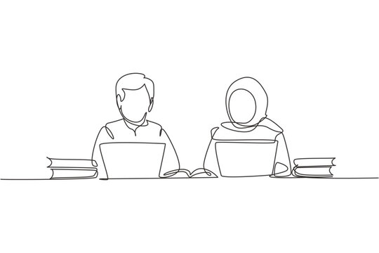 Single one line drawing Arabian couple studying with laptop and pile of books. Back to school, smart students, online education concept. Modern continuous line draw design graphic vector illustration