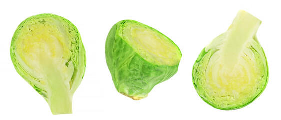 Brussel Sprout isolated on white background. Collection. Fresh raw  green  cabbage sprouts top view.