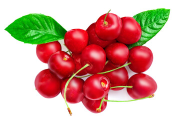 Cherry isolated. Red Cherries with leaves  on white background. Pile of Sour cherry macro. Top view.