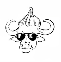 The bull is a symbol of 2021 according to the eastern calendar, graphics. Hipster bull with fashionable hairstyle and glasses. 