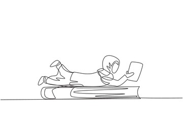 Single one line drawing Arab little girl reading, learning and laying down on big book. Study at home. Smart student, education concept. Modern continuous line draw design graphic vector illustration