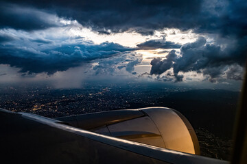 View from airplane window in flight on storm.