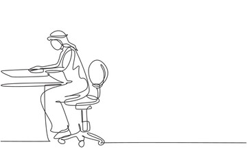 Single one line drawing young Arab male reading, learning and sitting on chair around table. Study in library. Smart student, education. Modern continuous line draw design graphic vector illustration