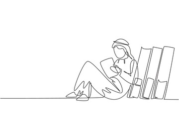 Fototapeta na wymiar Single continuous line drawing young Arabian male reading, learning and backrest on pile of big books. Study at home. Smart student, education. Dynamic one line draw graphic design vector illustration