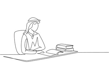 Continuous one line drawing young Arab male reading, learning and sitting on chair around table. Study in library. Smart student, education concept. Single line draw design vector graphic illustration