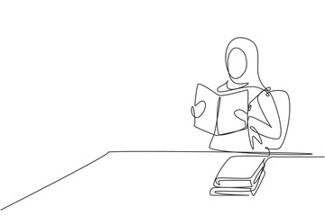 Continuous one line drawing young Arabian female reading, learning and sitting on chair around table. Study in library. Smart student, education. Single line draw design vector graphic illustration