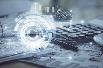 Multi exposure of data theme drawings and desk with open notebook background. Concept of education