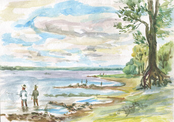river bank with fishermen watercolor  - 444665516