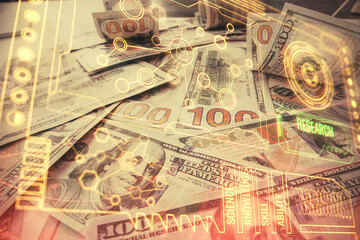 Double exposure of data theme drawing over us dollars bill background. Technology concept.