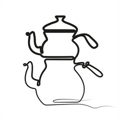 Double kettle - one line drawing. Turkish teapot..Teapot in continuous line drawing style isolated on white background. Vector..Linear style. Vector.
