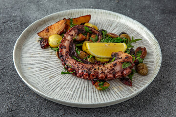 Grilled octopus with baked potatoes and vegetables. Ready menu for the restaurant. Neutral gray blue textured background