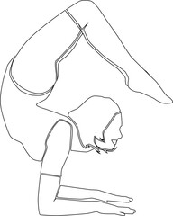 A woman does a sports exercise. The silhouette of a woman in a yoga pose. Illustration of a silhouette with a black line on a white background.