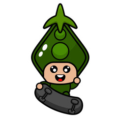 Cute Pea mascot costume cartoon character vector skateboarding