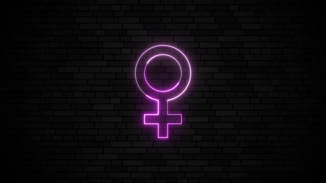 A pink female symbol with a thin glowing neon line on a dark brick wall background. A simple motion graphic element that is animated.