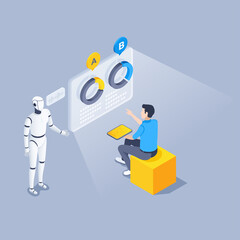 isometric vector illustration on gray background, robot next to data screen and man with tablet sitting on yellow cube, virtual data and work with artificial intelligence