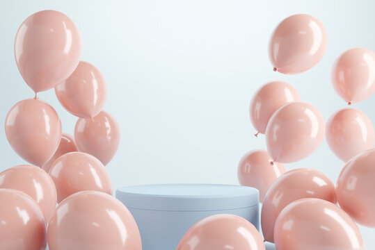 Podium with pastel balloons over blue background. Perfect background or mockup for celebrations, Place your product on stage. 3d render.