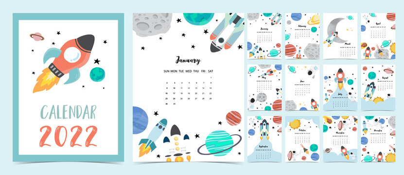 2022 table calendar week start on Sunday with astronaut and galaxy that use for vertical digital and printable A4 A5 size