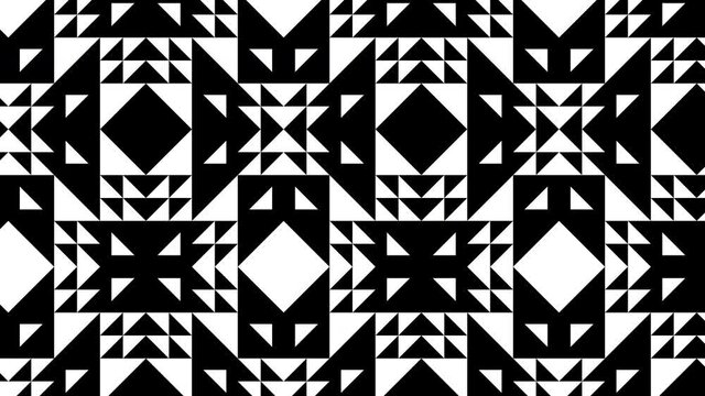 In a dynamic pattern, simple geometric shapes move around. In a flat design, a background with a seamless loop motion graphic. Monochrome rectangular tile mosaic