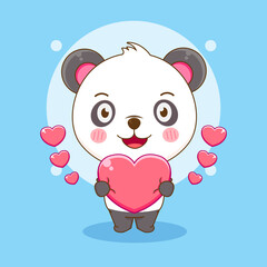 Cartoon illustration of cute happy panda holding love