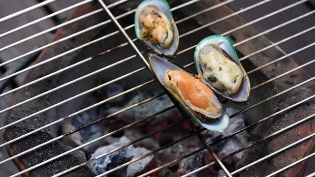Grilled Green Shell mussels with butter and garlic, Grilled New Zealand mussels or Perna Canaliculus on a hot charcoal stove.