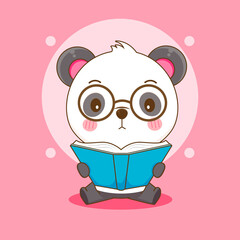 Cartoon illustration of cute nerd panda with glasses reading book