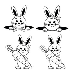 Fototapeta premium Cute rabbits with carrots, black outline, coloring, vector illustration