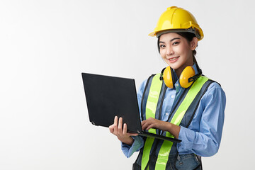 beautiful asian woman engineer and safety helmet on white background, construction concept, Engineer, Industry.