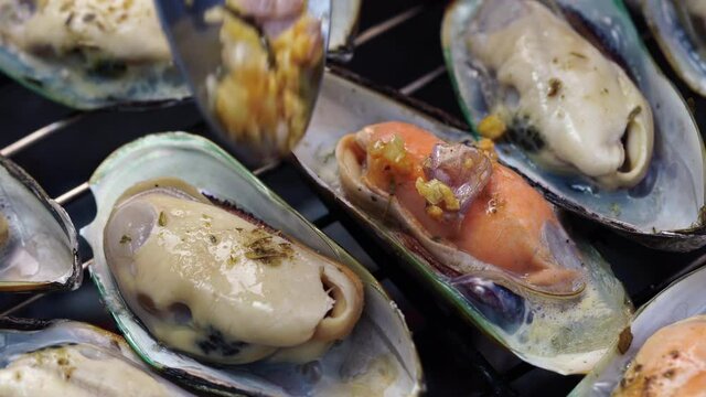 Grilled Green Shell mussels with butter and garlic, Grilled New Zealand mussels or Perna Canaliculus on a hot charcoal stove.