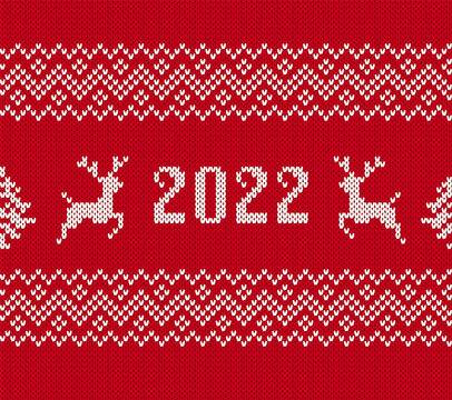 Knit Christmas 2022 Print With Deers, Tree. Seamless Pattern. Vector. Red Sweater Background. Festive White Knitted Ornament On Red Background. Holiday Xmas Winter Texture. Illustration With Border.