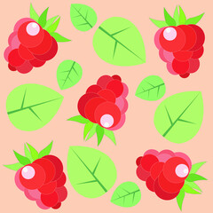 Pattern of raspberries on an orange-pink background with green leaves. Flat style, vector.