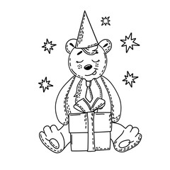 Cute bear in a hat and a gift coloring book for children. Vector illustration