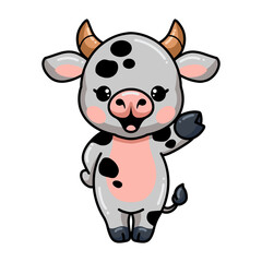 Cute baby cow cartoon waving hand