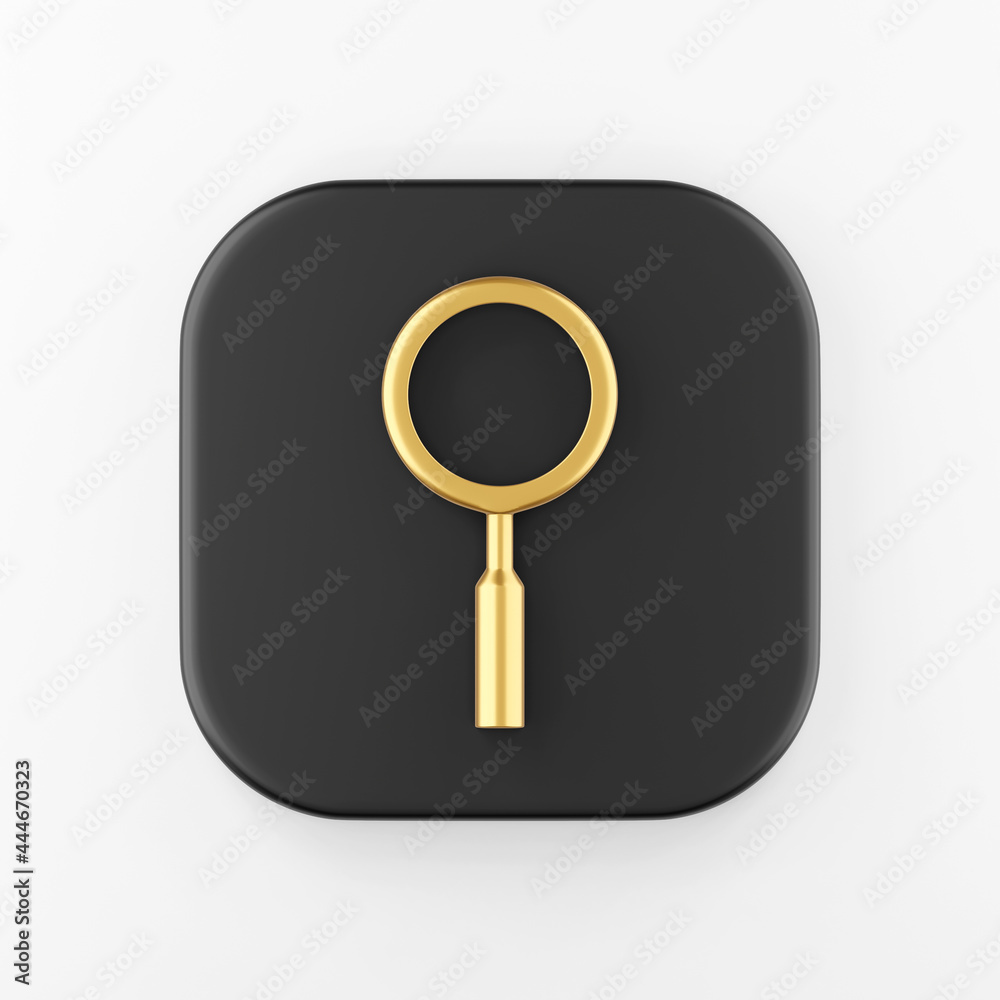 Poster minimalistic golden magnifier icon. 3d rendering black square key button, interface ui ux element.