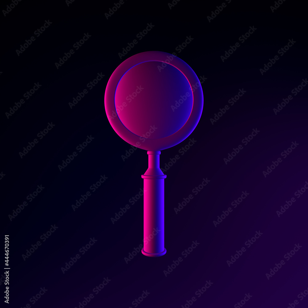 Poster neon realistic magnifying glass icon. 3d rendering ui ux interface element. dark glowing symbol.
