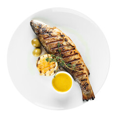 Isolated plate of gourmet grilled sea bass dorada fish