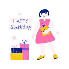A woman holding a holiday box in her hands. Lettering "Happy Birthday". A person with a gift.  Simple vector flat illustration with a girl going to a birthday party