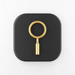 Minimalistic golden magnifier icon. 3d rendering black square key button, interface ui ux element.