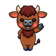 Cute baby yak cartoon waving hand