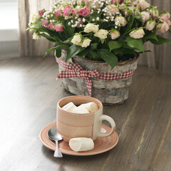 Breakfast with flowers bouquet