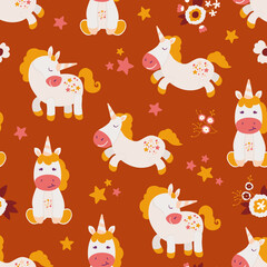 Seamless pattern with cute hand drawn unicorns. Design for fabric, textile, wallpaper, packaging, nursery decoration.	