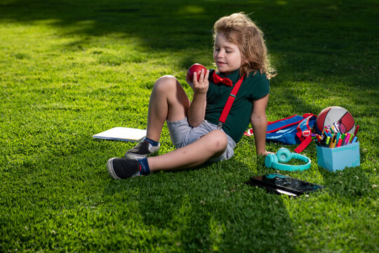 Child study in summer park. Cute little boy with school supplies sitting in elementary school park, eat apple. Early education for toddler. Homework outdoor. Preschool student outdoor.